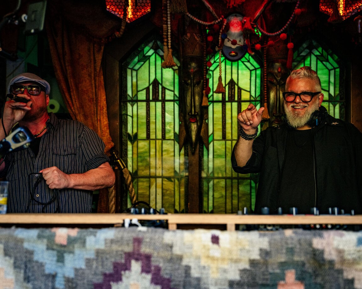 Two DJs sharing the booth at BOHO House
